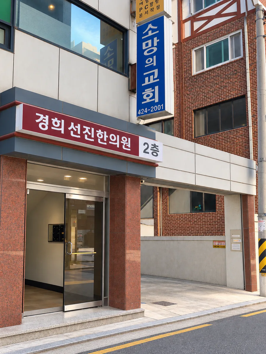 경희선진한의원 2층 입구와 안내 간판